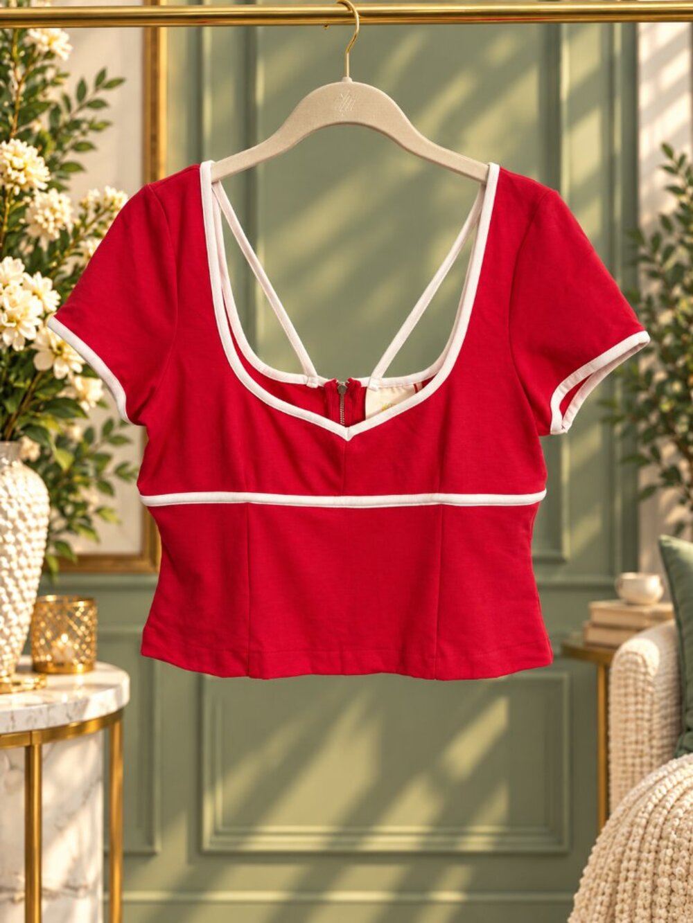 Maeve Anthropologie Sweetheart Ponte Crop Top Red White Size S